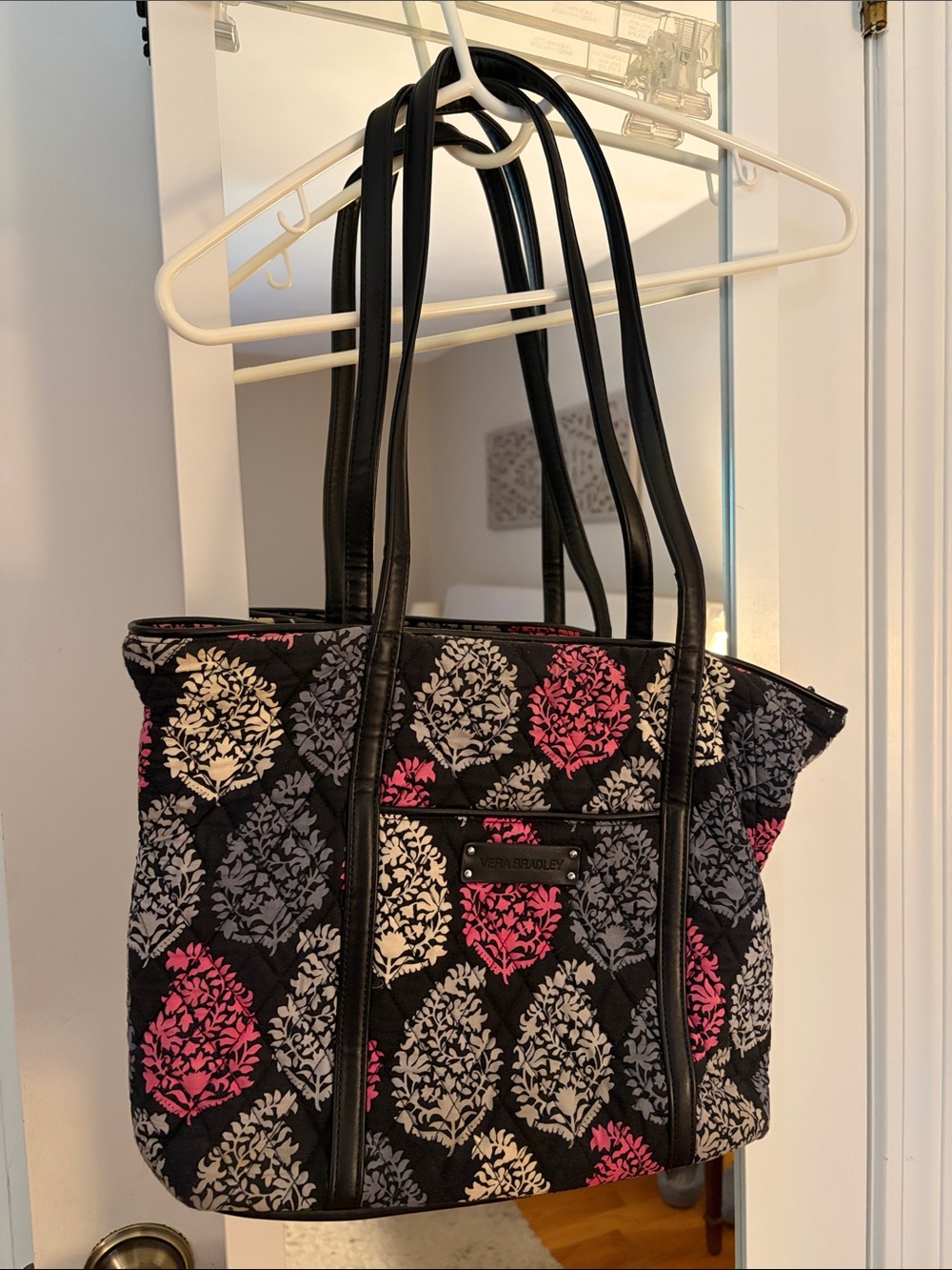 Vera Bradley Black Floral Quilted Tote Bag with Pink & Gray Accents